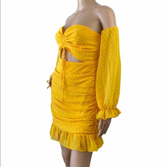 New House of Chic Yellow  Off The Shoulder Lantern Sleeve Cutout Bodycon Dress S - Picture 4 of 9